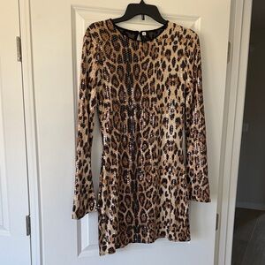 Long Sleeve Sequin Leopard Print Dress - Brown